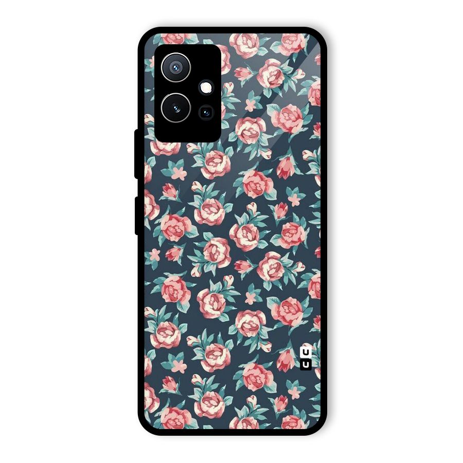 Floral Navy Bloom Glass Back Case for Vivo iQOO Z6