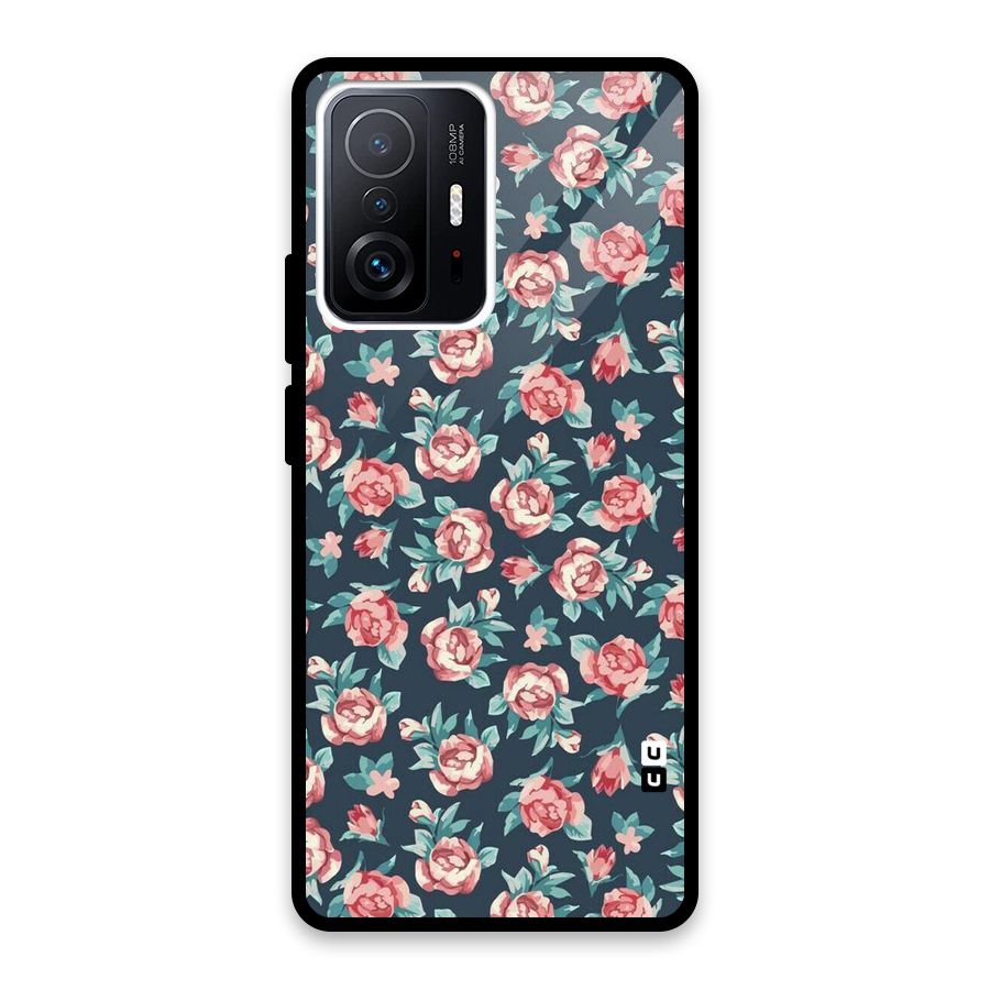Floral Navy Bloom Glass Back Case for Xiaomi 11T Pro