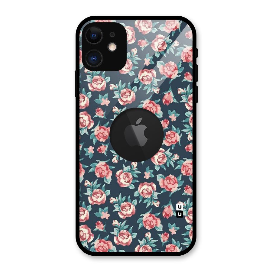 Floral Navy Bloom Glass Back Case for iPhone 11 Logo Cut