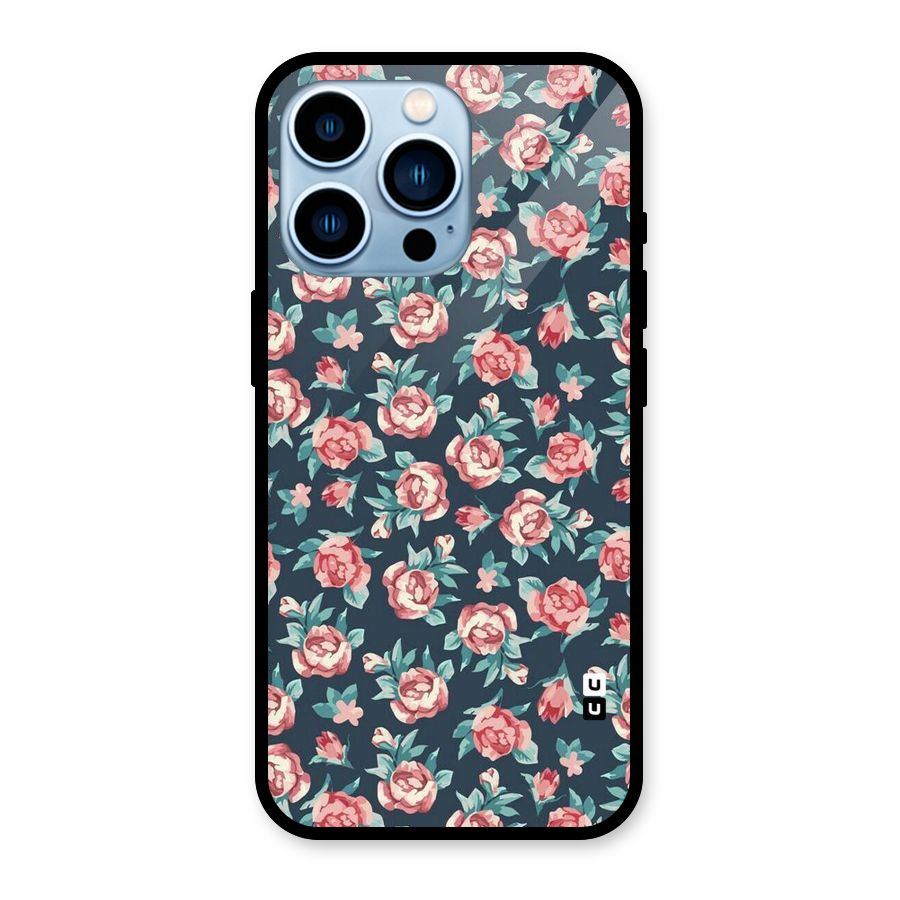 Floral Navy Bloom Glass Back Case for iPhone 13 Pro