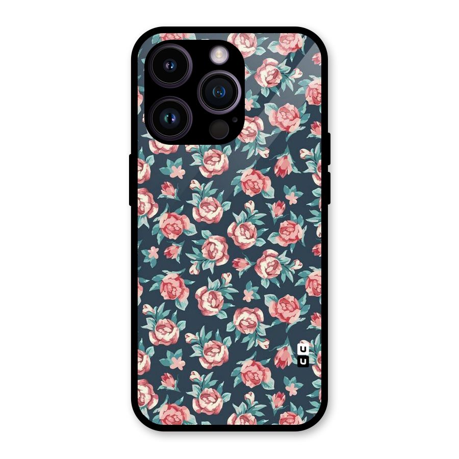 Floral Navy Bloom Glass Back Case for iPhone 14 Pro