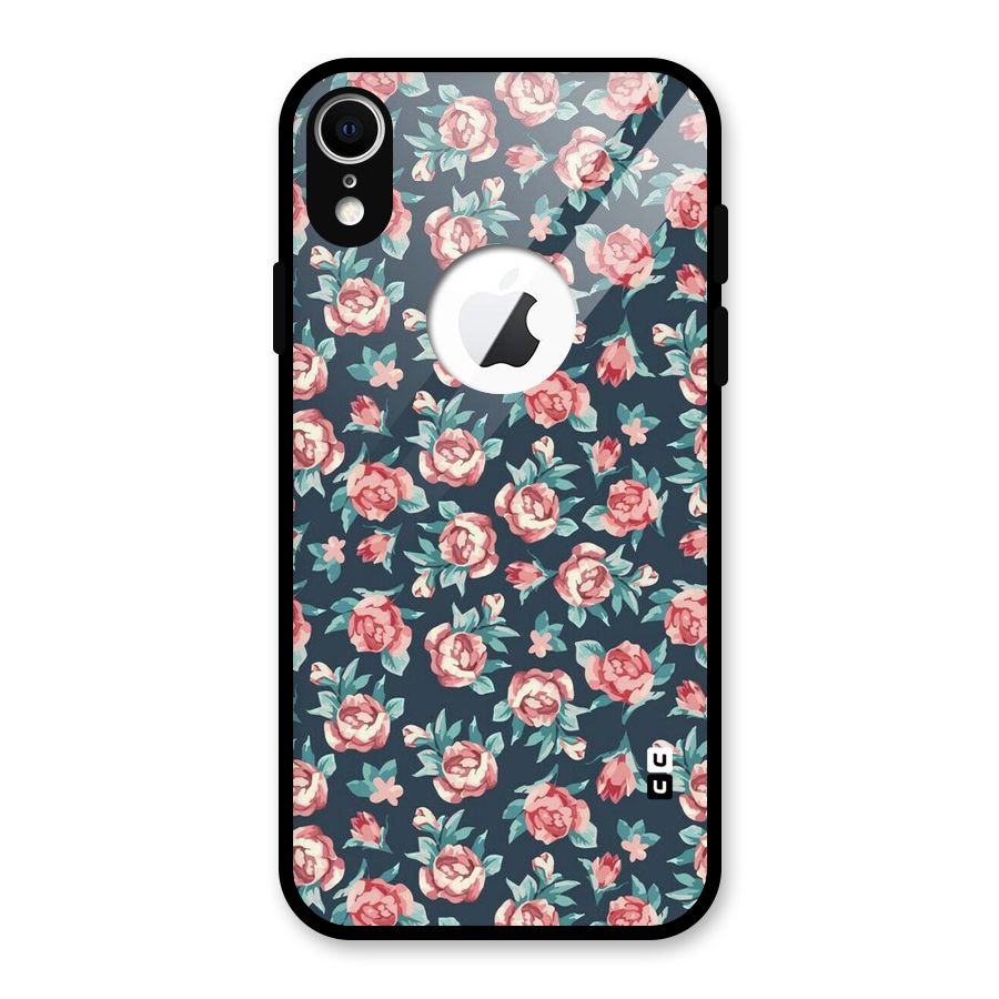 Floral Navy Bloom Glass Back Case for iPhone XR Logo Cut