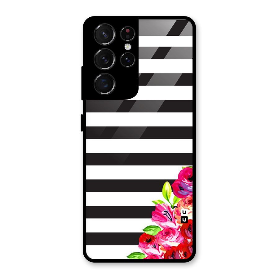 Floral Stripes Glass Back Case for Galaxy S21 Ultra 5G