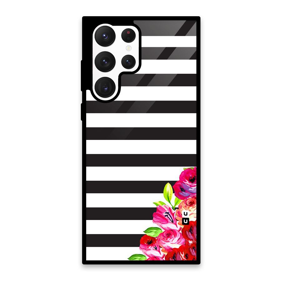 Floral Stripes Glass Back Case for Galaxy S22 Ultra 5G