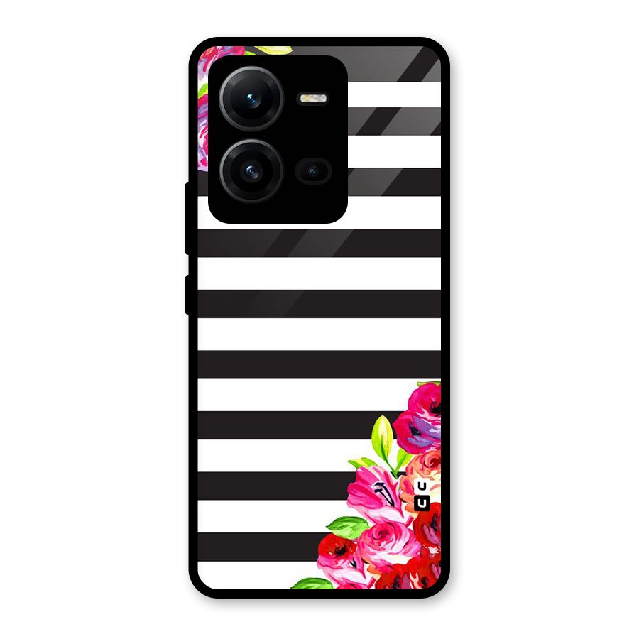 Floral Stripes Glass Back Case for Vivo V25