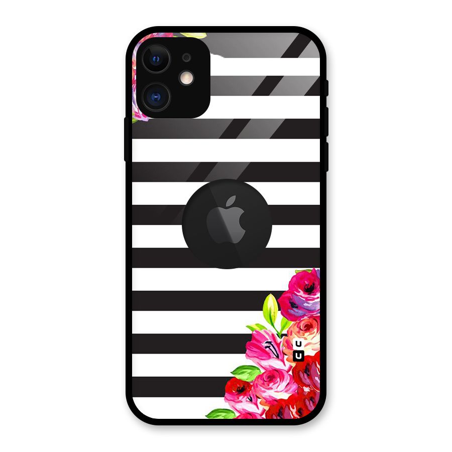 Floral Stripes Glass Back Case for iPhone 11 Logo Cut