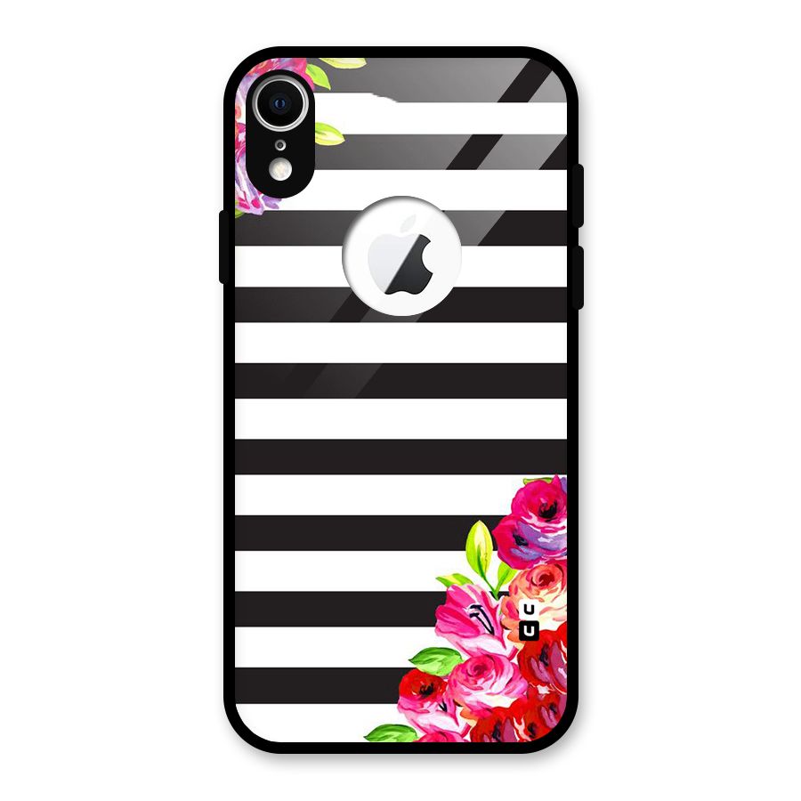 Floral Stripes Glass Back Case for iPhone XR Logo Cut