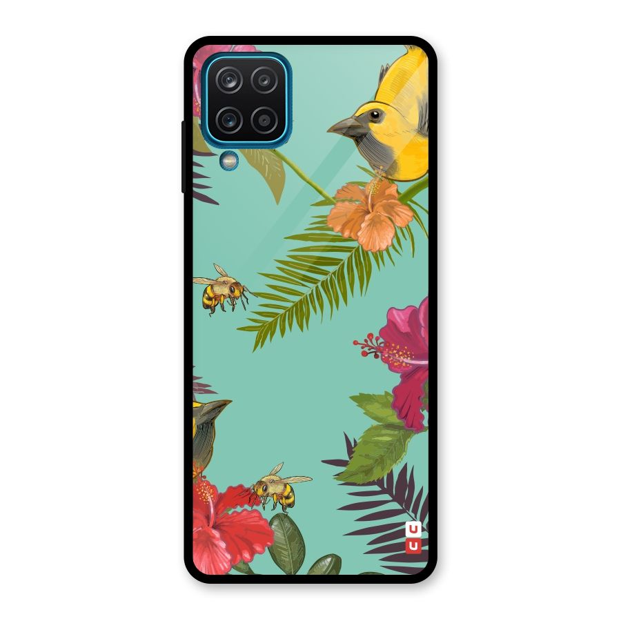 Flower Bird and Bee Glass Back Case for Galaxy A12