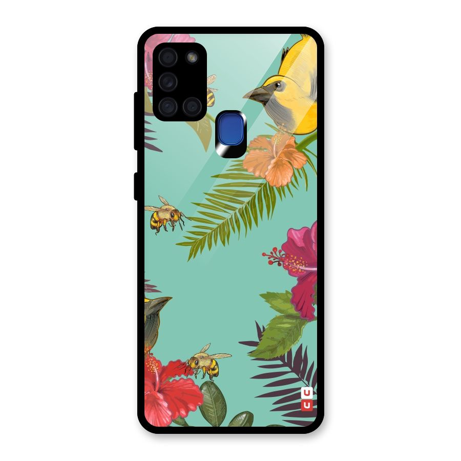 Flower Bird and Bee Glass Back Case for Galaxy A21s