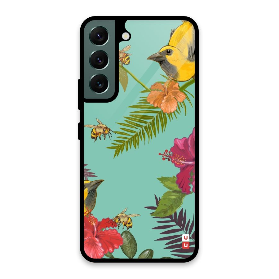 Flower Bird and Bee Glass Back Case for Galaxy S22 5G