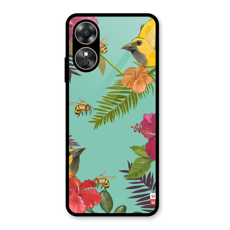 Flower Bird and Bee Glass Back Case for Oppo A17