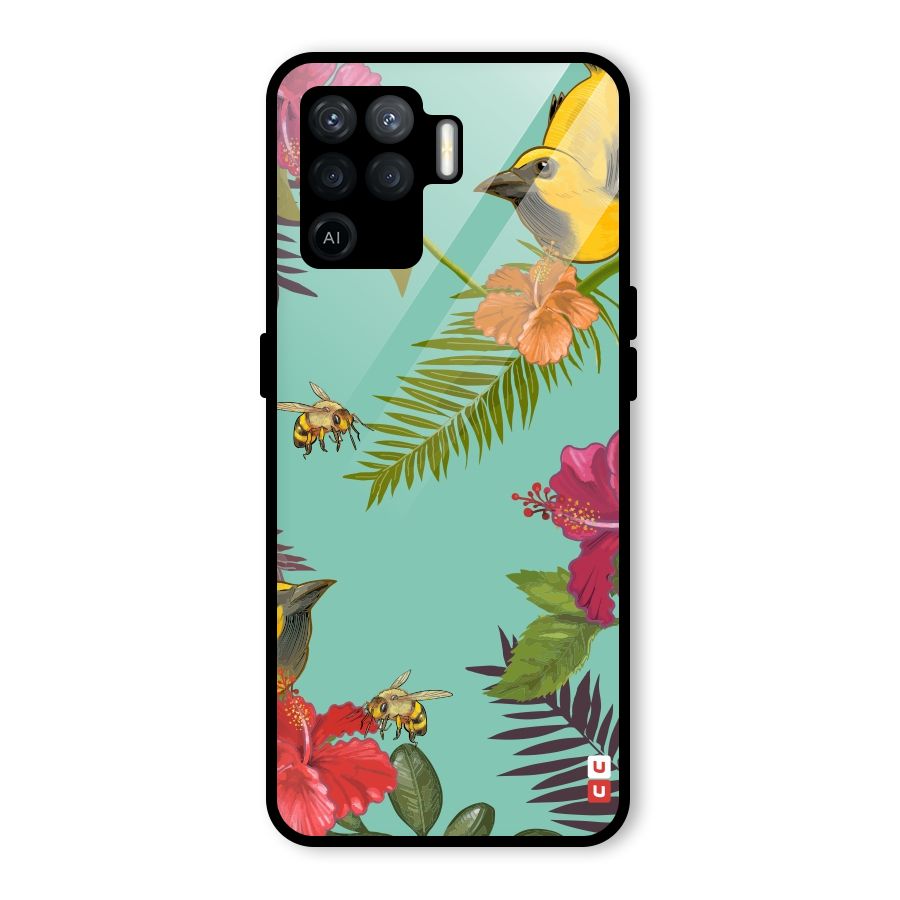 Flower Bird and Bee Glass Back Case for Oppo F19 Pro