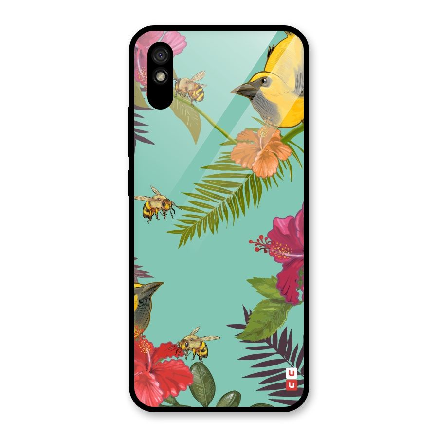 Flower Bird and Bee Glass Back Case for Redmi 9A
