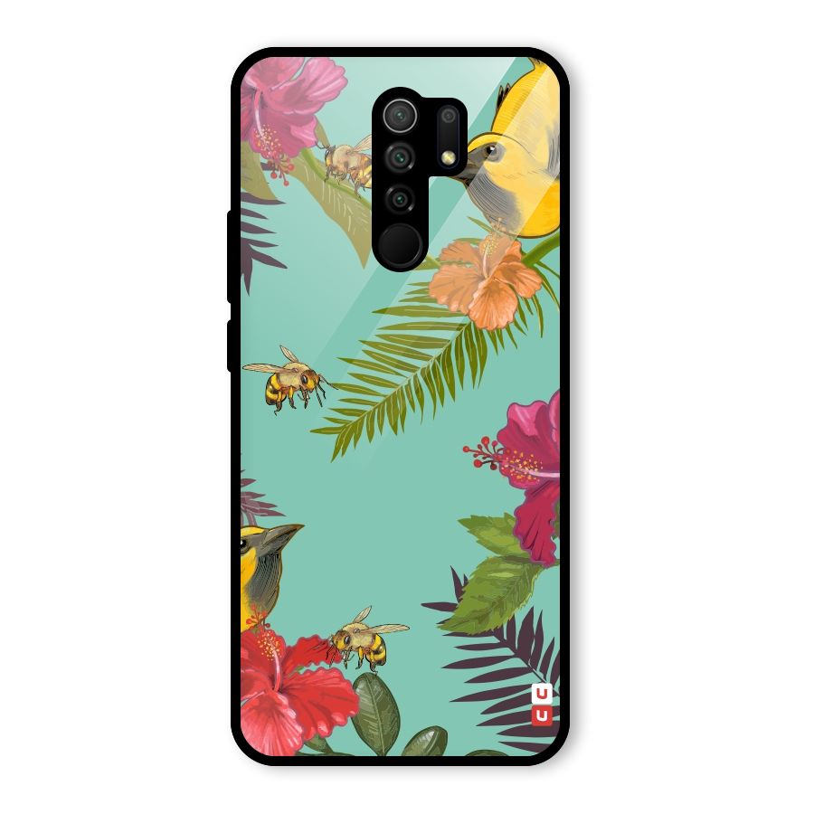 Flower Bird and Bee Glass Back Case for Redmi 9 Prime