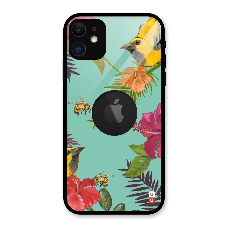 Flower Bird and Bee Glass Back Case for iPhone 11 Logo Cut