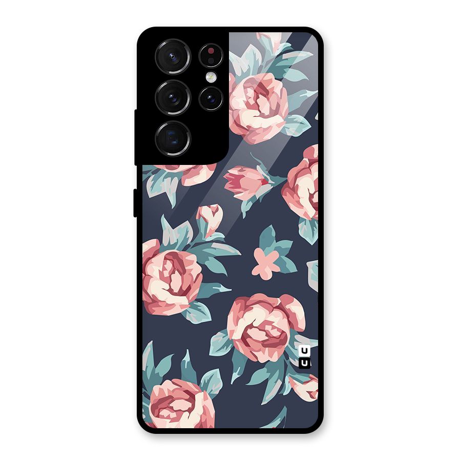Flowers Painting Glass Back Case for Galaxy S21 Ultra 5G
