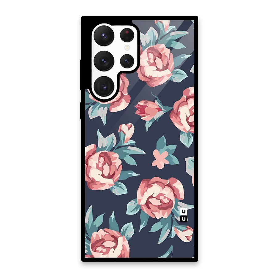 Flowers Painting Glass Back Case for Galaxy S22 Ultra 5G