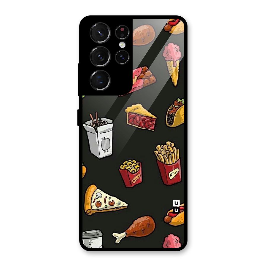 Foodie Pattern Glass Back Case for Galaxy S21 Ultra 5G