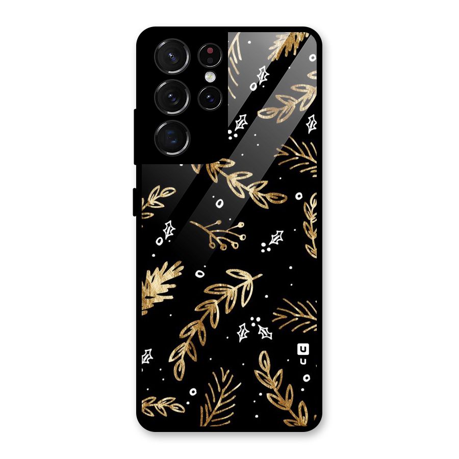 Gold Palm Leaves Glass Back Case for Galaxy S21 Ultra 5G