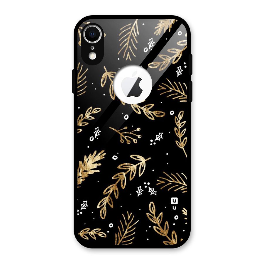 Gold Palm Leaves Glass Back Case for iPhone XR Logo Cut