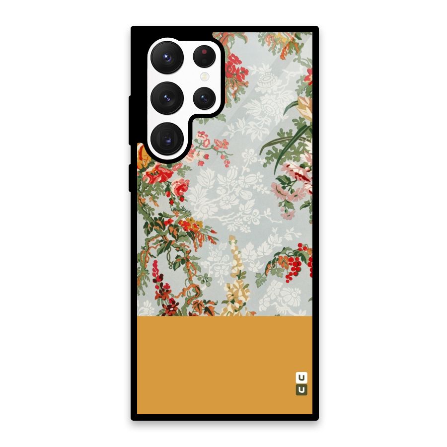 Golden Stripe on Floral Glass Back Case for Galaxy S22 Ultra 5G