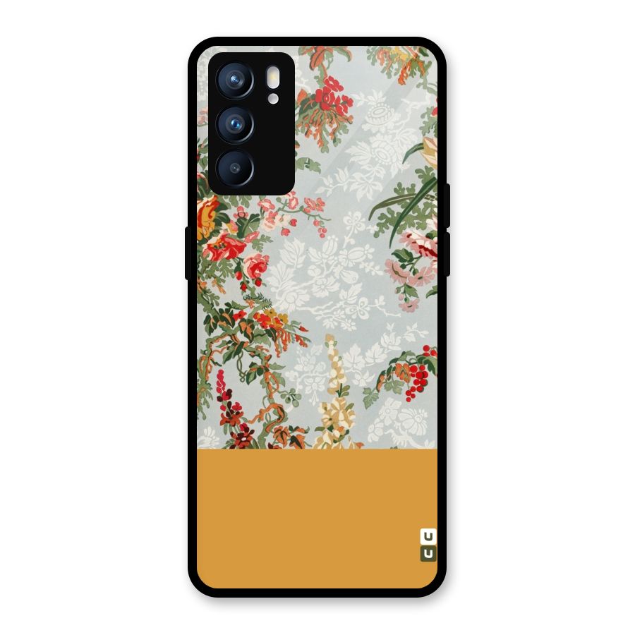 Golden Stripe on Floral Glass Back Case for Oppo Reno6 5G
