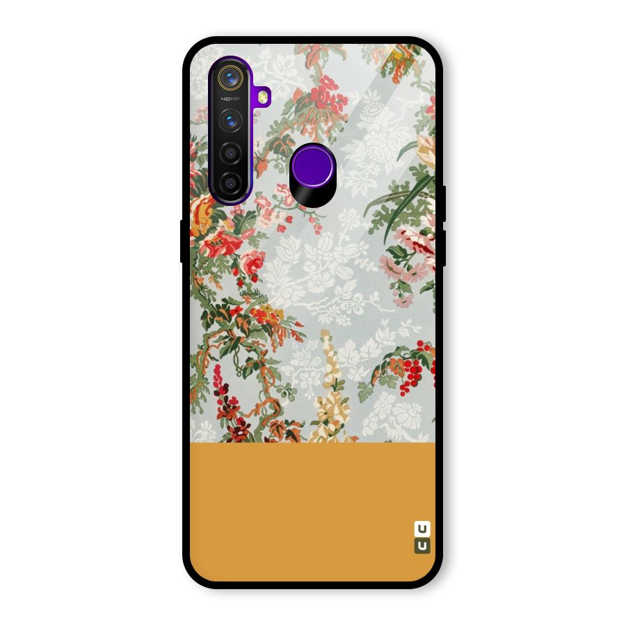 Golden Stripe on Floral Glass Back Case for Realme 5 Pro