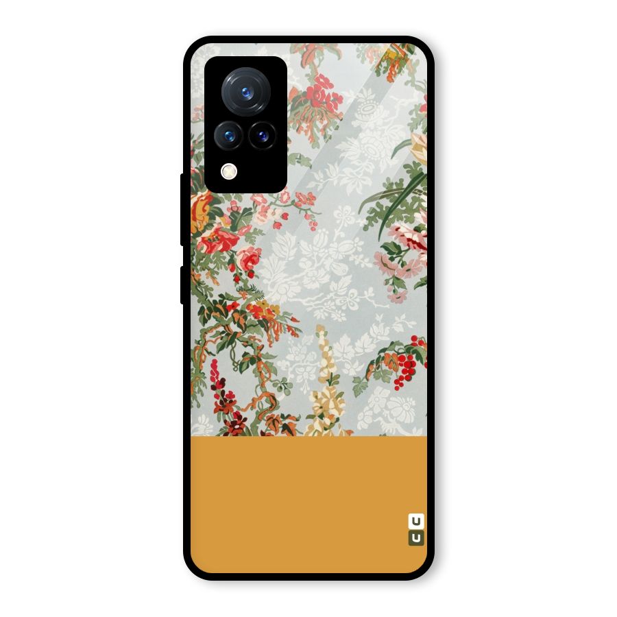 Golden Stripe on Floral Glass Back Case for Vivo V21 5G