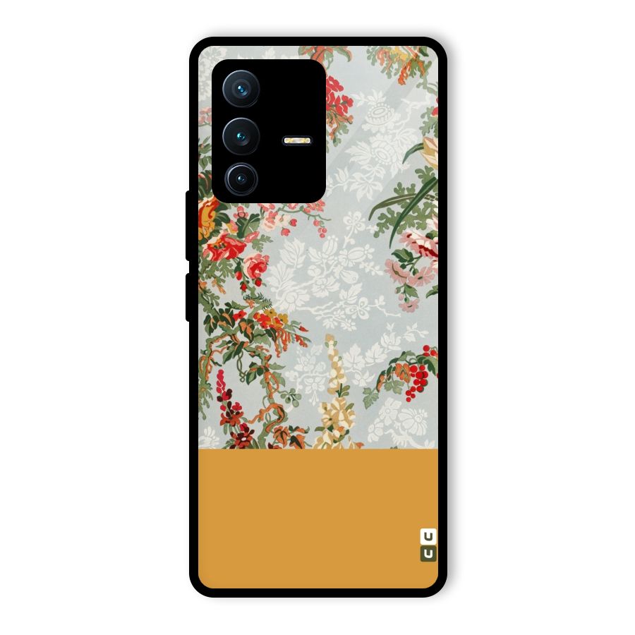 Golden Stripe on Floral Glass Back Case for Vivo V23 Pro