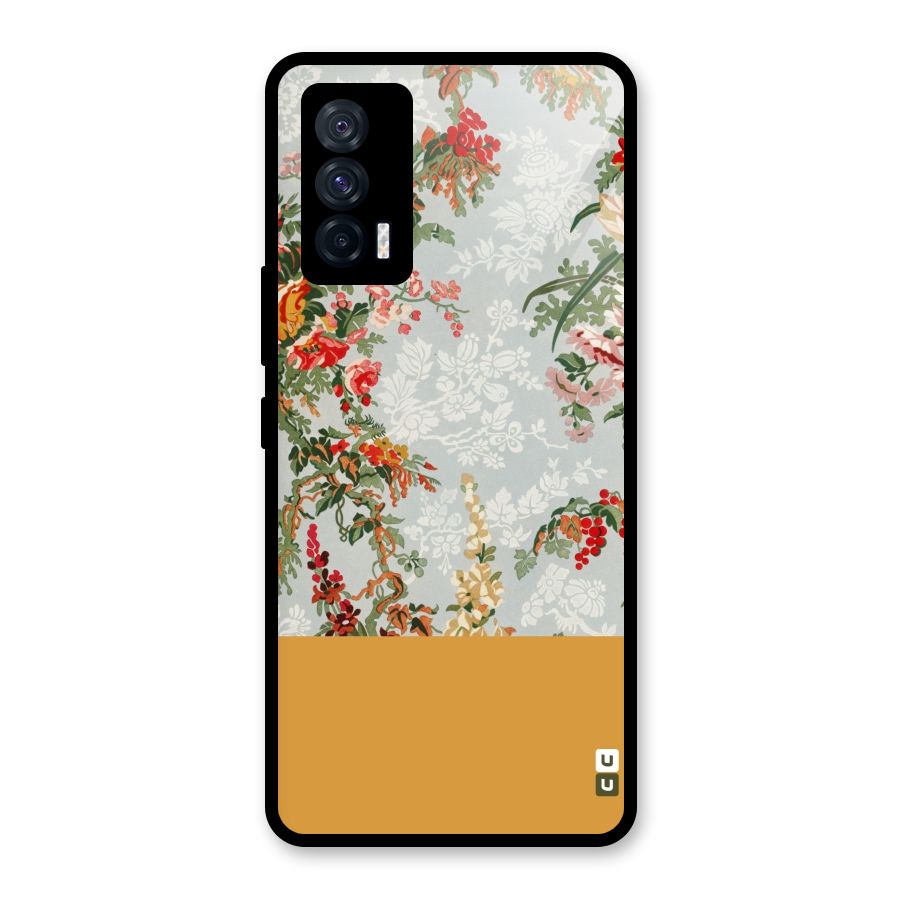 Golden Stripe on Floral Glass Back Case for Vivo iQOO 7 5G