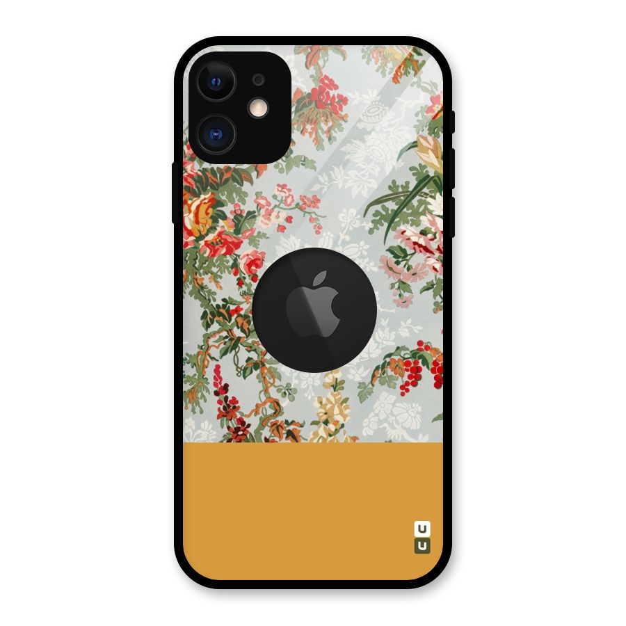 Golden Stripe on Floral Glass Back Case for iPhone 11 Logo Cut