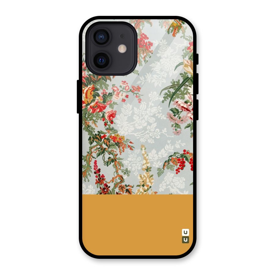 Golden Stripe on Floral Glass Back Case for iPhone 12