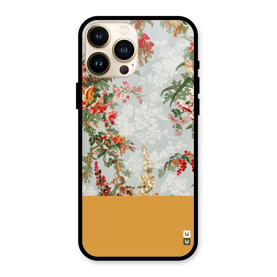 Golden Stripe on Floral Glass Back Case for iPhone 13 Pro Max
