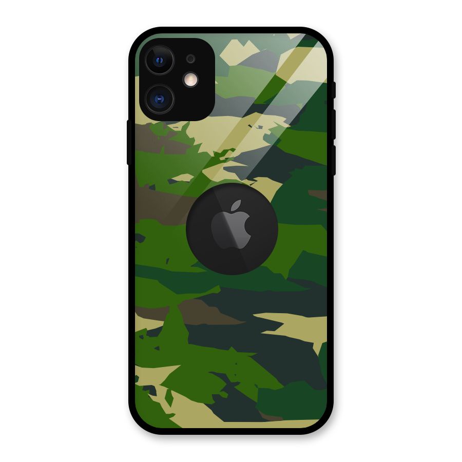 Green Camouflage Army Glass Back Case for iPhone 11 Logo Cut