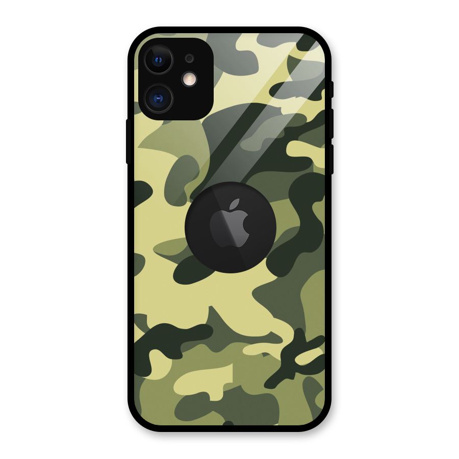 Green Military Pattern Glass Back Case for iPhone 11 Logo Cut