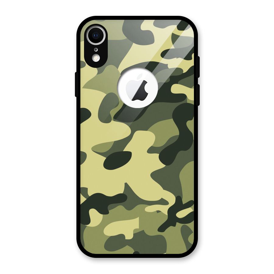 Green Military Pattern Glass Back Case for iPhone XR Logo Cut