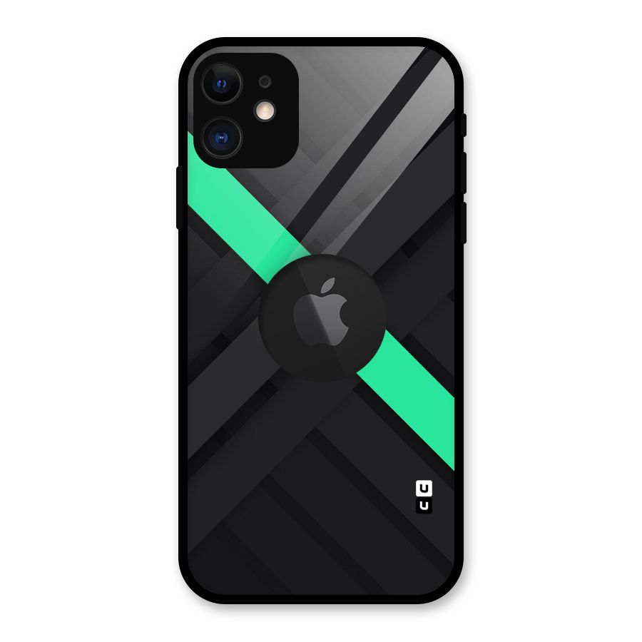Green Stripe Diagonal Glass Back Case for iPhone 11 Logo Cut