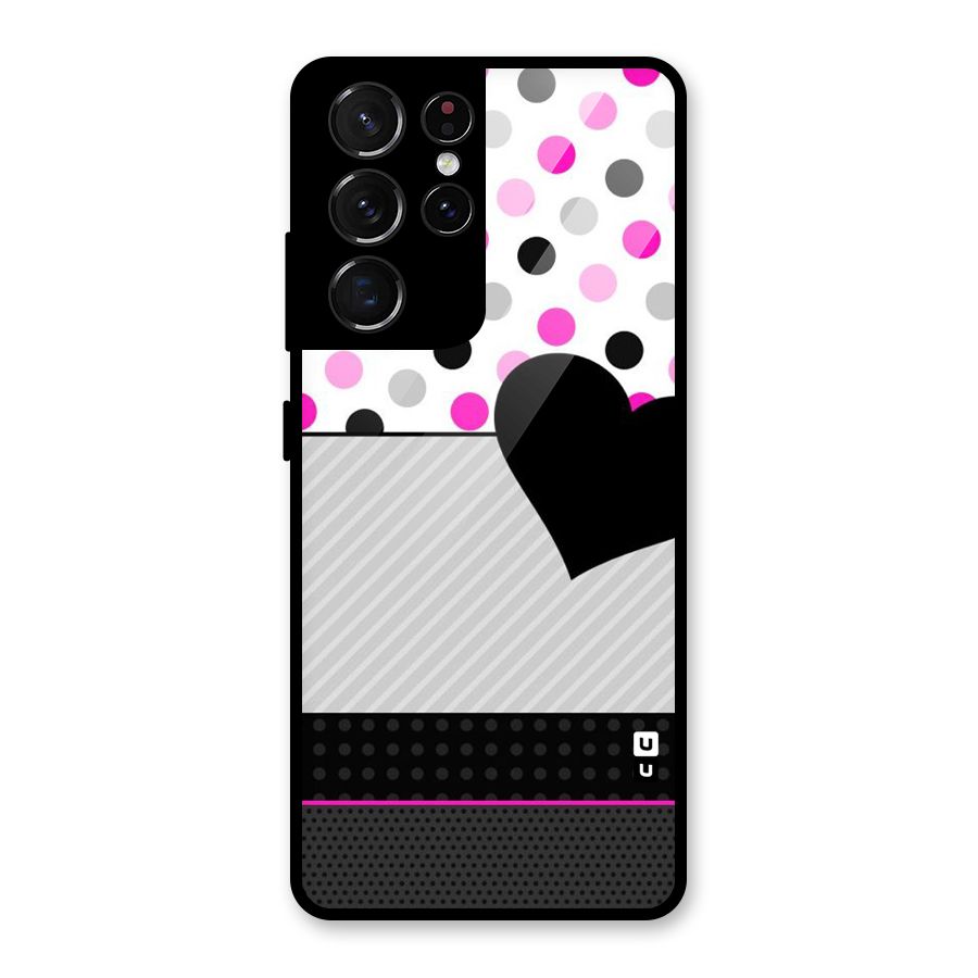Heart Polka Stripes Glass Back Case for Galaxy S21 Ultra 5G