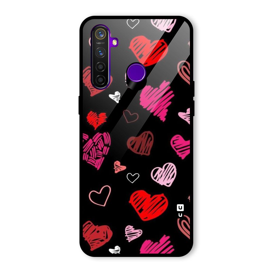 Hearts Art Pattern Glass Back Case for Realme 5 Pro