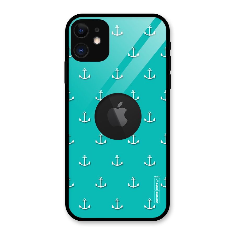 Light Blue Anchor Glass Back Case for iPhone 11 Logo Cut