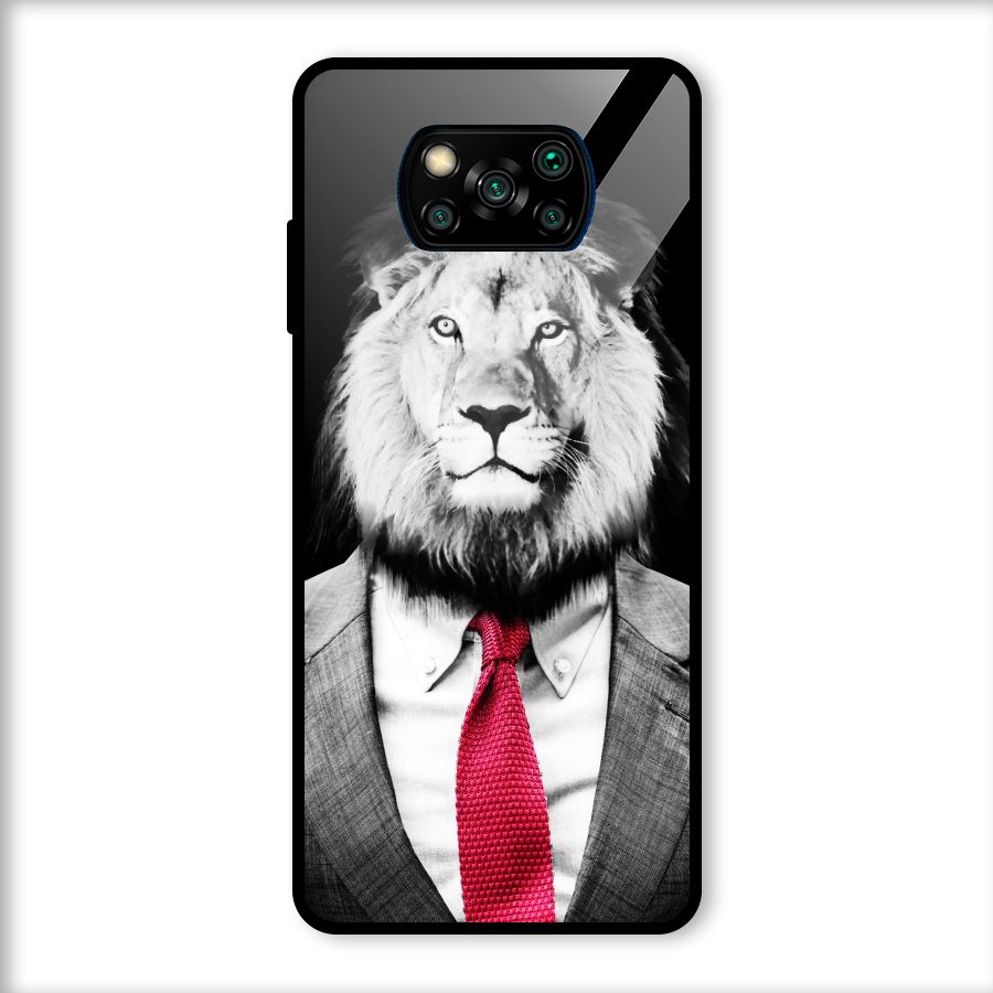 Lion with Red Tie Glass Back Case for Poco X3