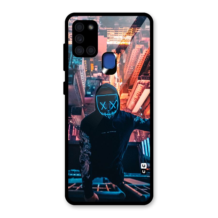 Mask Guy Climbing Building Glass Back Case for Galaxy A21s