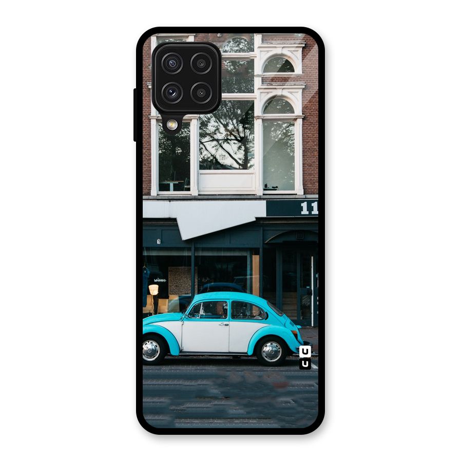 Mini Blue Car Glass Back Case for Galaxy A22 4G