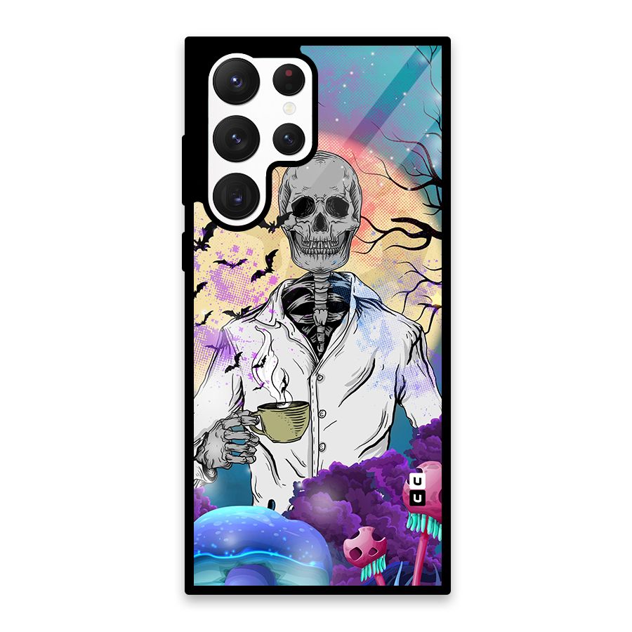 Morning Tea Skull Glass Back Case for Galaxy S22 Ultra 5G