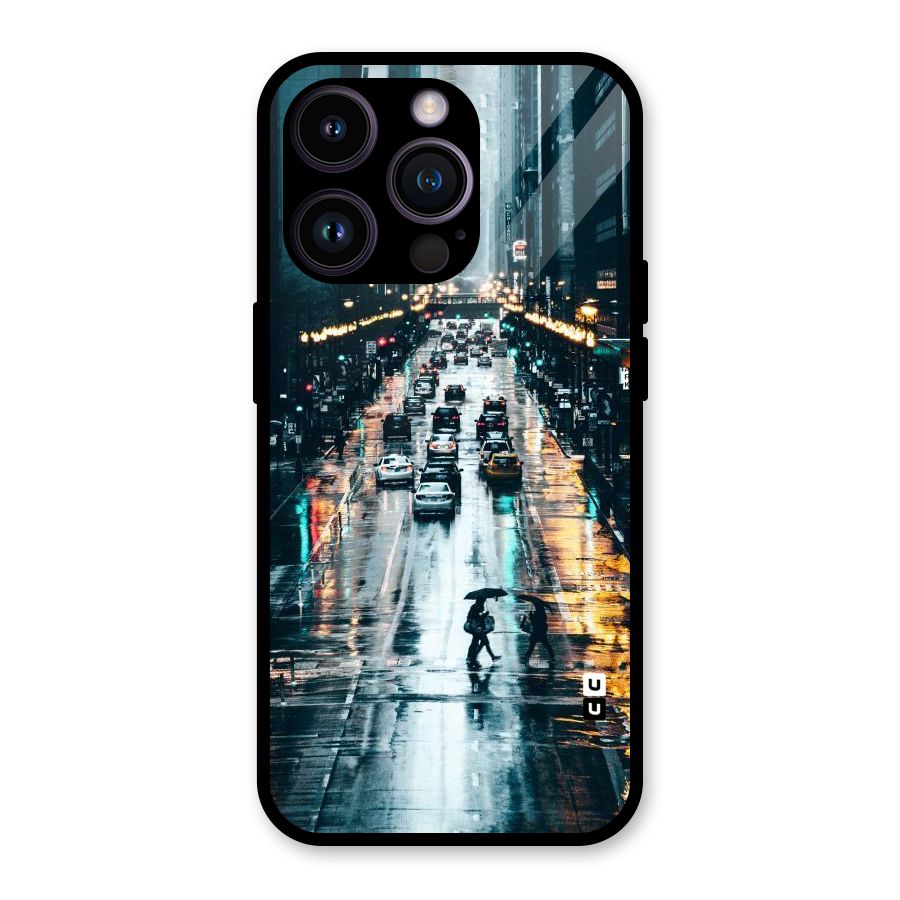 NY Streets Rainy Glass Back Case for iPhone 14 Pro