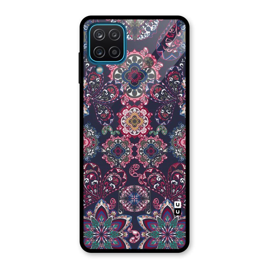 Navy Blue Bloom Pattern Glass Back Case for Galaxy A12