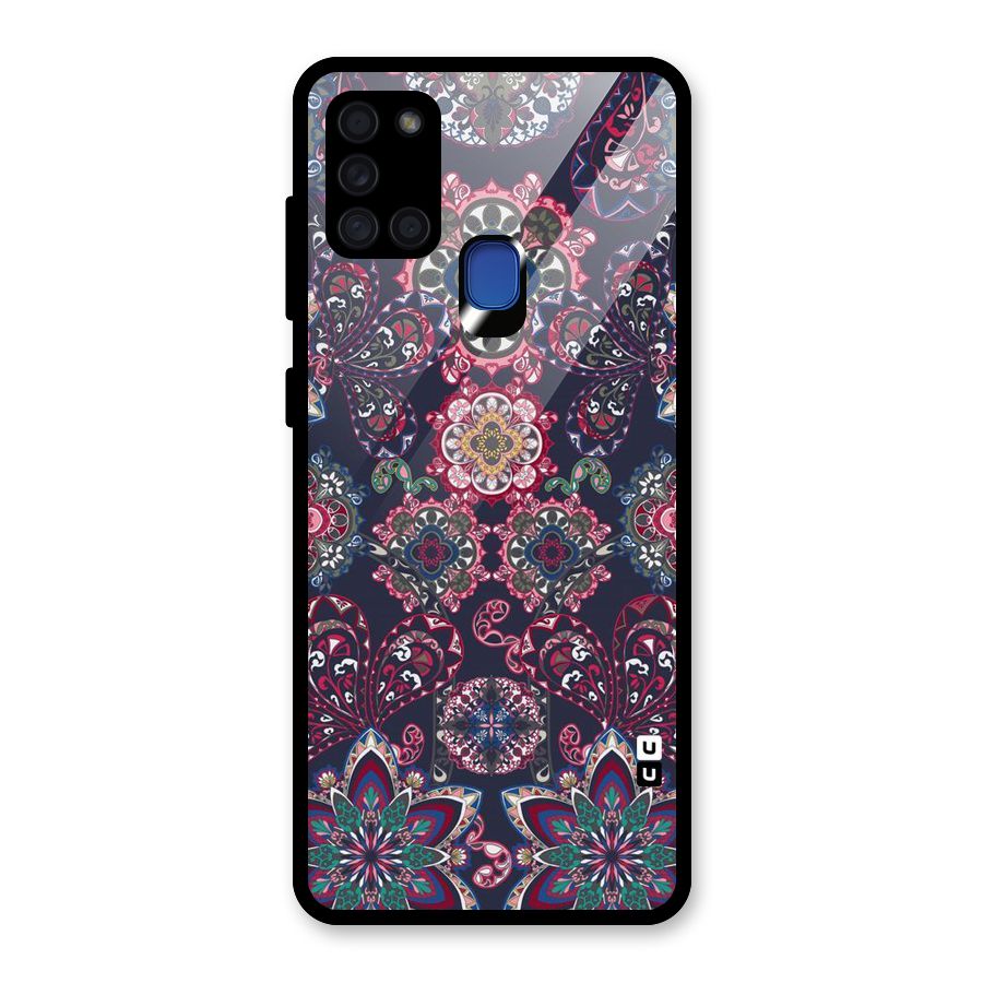 Navy Blue Bloom Pattern Glass Back Case for Galaxy A21s