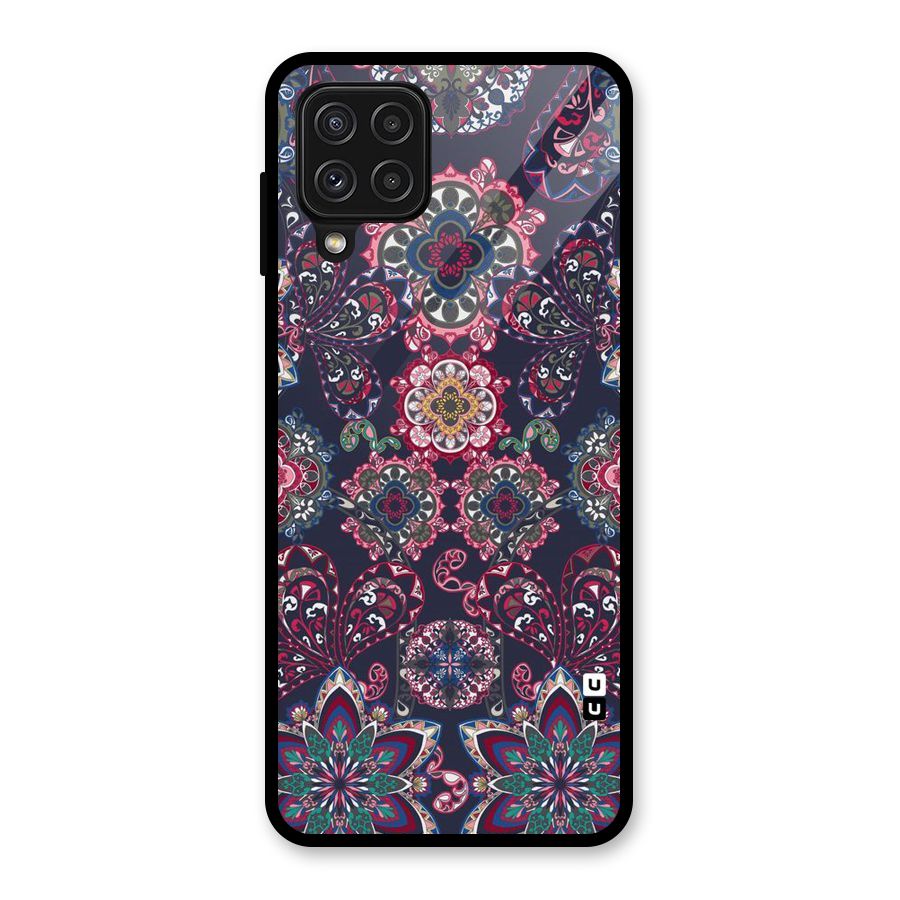 Navy Blue Bloom Pattern Glass Back Case for Galaxy A22 4G