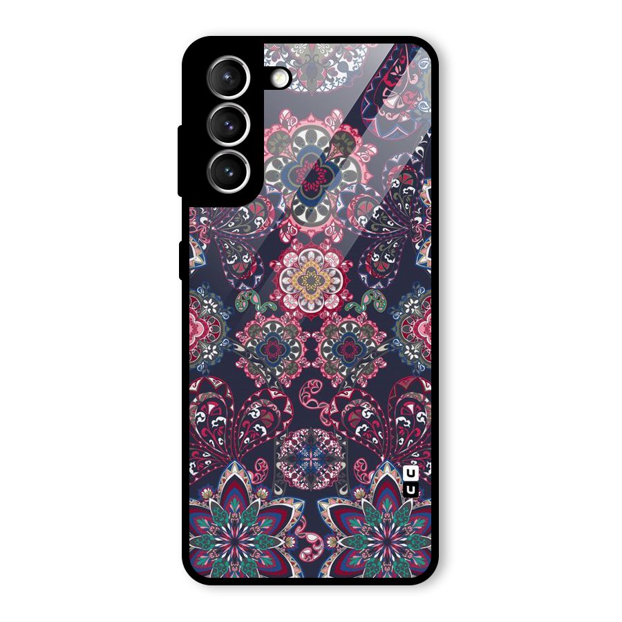 Navy Blue Bloom Pattern Glass Back Case for Galaxy S21 5G