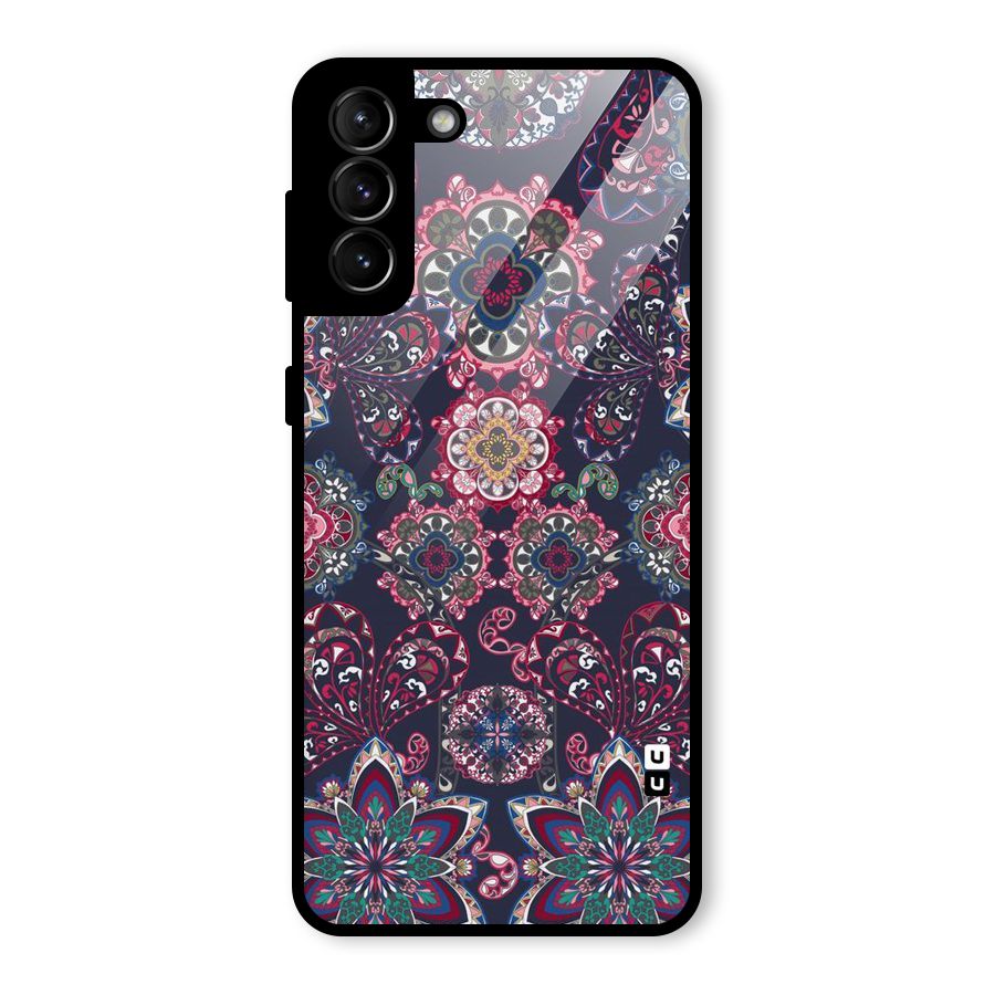 Navy Blue Bloom Pattern Glass Back Case for Galaxy S21 Plus